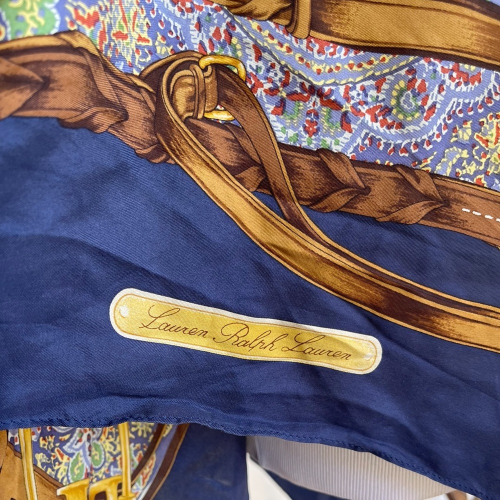 RALPH LAUREN Equestrian English Riding Theme Yellow Blue 100% Silk Poncho Scarf - Picture 5 of 11